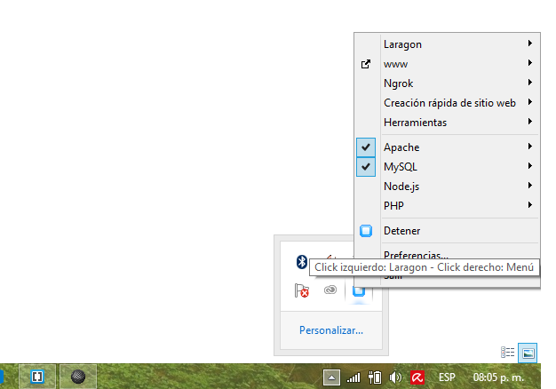 Clic derecho al icono de Laragon de la barra de tareas